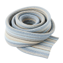 A soft striped scarf neatly rolled up in a spiral shape against a transparent dark background in a studio shot