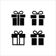 Collection of four black gift box icons with bows on a white background