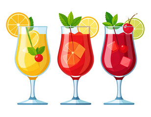 Minimalist Flat Vector Icons of Tropical Cocktails, Transparent Background