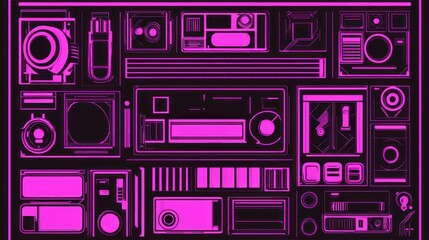 Fototapeta premium Neon Pink Tech Schematics on Black Background, Abstract Futuristic Design
