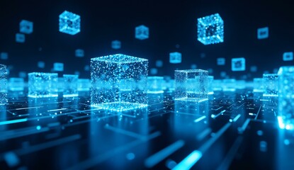 Digital cubes floating in a futuristic, data-driven environment with glowing blue light.
