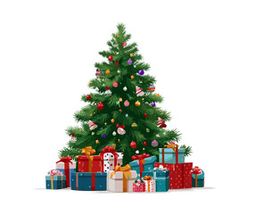 Festive Christmas tree with gifts isolated on transparent background, vector illustration, flat design, cutout style for creative projects.