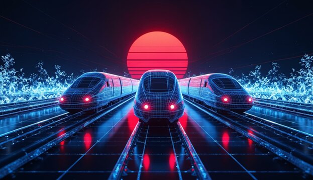 Futuristic Trains on Neon Tracks Under a Glowing Red Sun