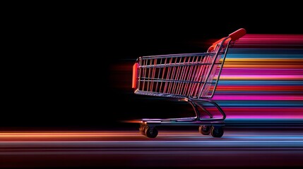 Fast moving shopping cart with motion blur streaks against a dark background