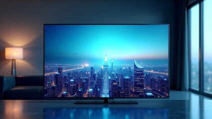 Cityscape television display in modern room