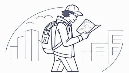 Traveler with backpack and map navigating urban landscape. City exploration and adventure line art illustration.