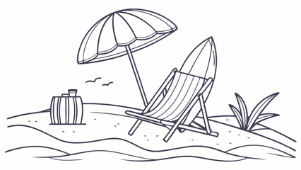 Summer Beach Vacation Line Art. Umbrella, Deck Chair & Surfboard on Sandy Shore. Holiday Relaxation Illustration.