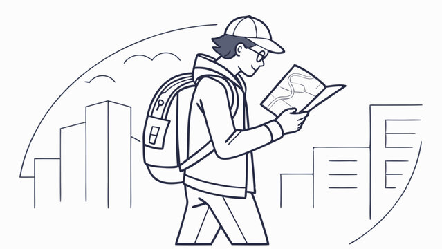 Traveler with backpack and map navigating urban landscape. City exploration and adventure line art illustration.