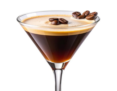  Classic Espresso Martini with Triple Coffee Bean Garnish, Side View in Martini Glass, Isolated on Transparent Background