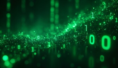 Green Digital Stream with Binary Code and Particles