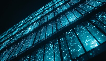Illuminated Building Facade with Sparkling Blue Lights