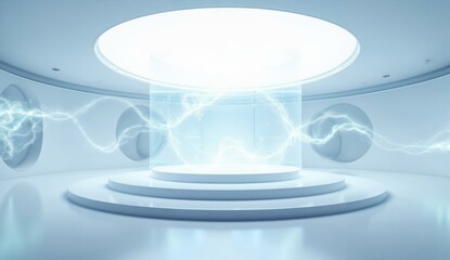 Futuristic Podium with Glowing Energy Display in a Circular Room
