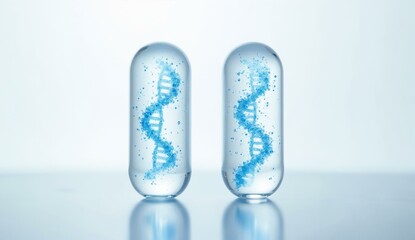 Two glass vials containing blue DNA helix structures against a neutral background