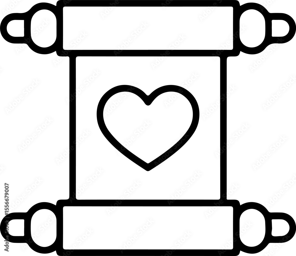 Poster simple outline icon of a scroll with a heart symbol in the center