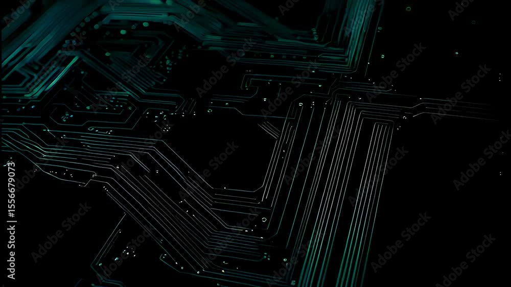 Poster abstract futuristic circuit board animation with glowing lines and data transfer