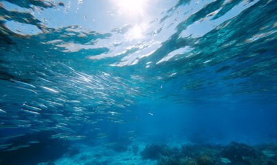 massive shimmering school of sardines swirling in clear tropical blue water, Generative AI