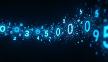 Digital Stream of Blue Numerals on Dark Background
