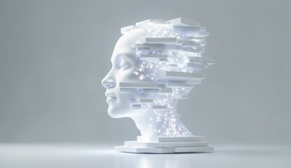 Abstract digital head with layered, glowing circuitry against a neutral background