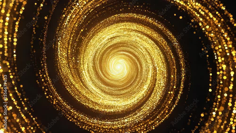 Poster swirling golden particles create a mesmerizing spiral effect in a dark background