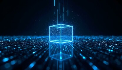 A glowing blue cube suspended in a digital space with light beams and particles