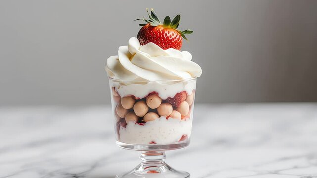 Strawberry dessert parfait with cream and crunchy balls in a glass