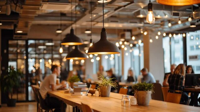 blurred view of open-plan coworking space with ambient warm lights