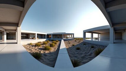 Obraz premium Modern architecture with desert landscape fisheye view