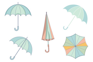 Umbrella vector set with different shapes, sizes, and colors, colorful rainy weather illustration, open and closed umbrella graphics, flat design for use in UI, posters, and seasonal artwork
