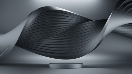 Black podium and spiral or twist flowing modern luxury curve or wave shape backdrop. Glossy, reflection. Pedestal or product display product fashion cosmetic skincare. 3D rendering Illustration.