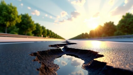 Self-healing asphalt road on sunny highway