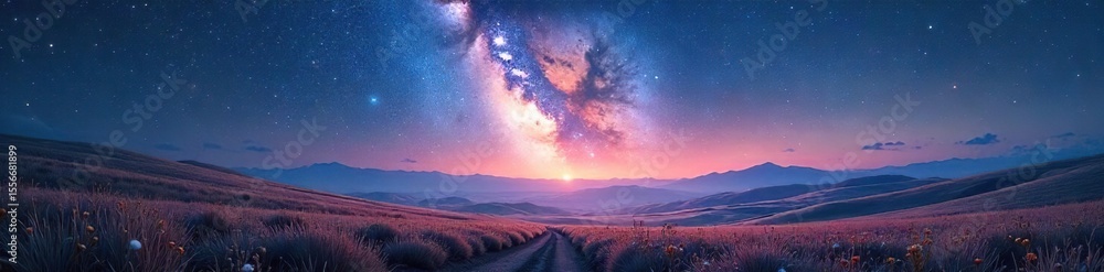 Wall mural serene celestial landscape starlight illuminates rolling hills and distant galaxies in a vast, ether