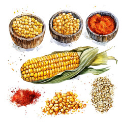 Roasted Corn Cob Spices, watercolor vector, isolated on a white background.