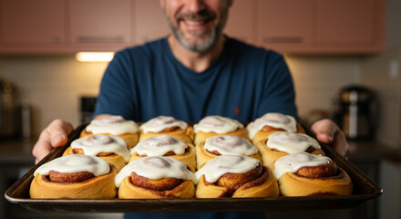 Man holding a tray of freshly baked cinnamon rolls with icing drizzle