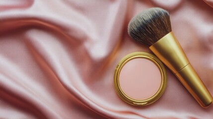 Pink Blush Powder And Brush On Satin Fabric. Flat Lay Background 
