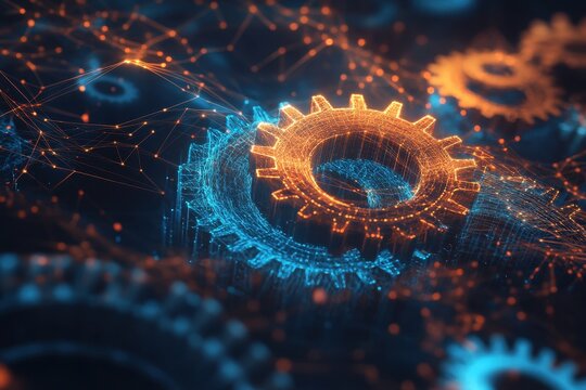 Glowing gears in blue and orange are connected with lines and dots. Show the concept of technology, innovation, and digital transformation.