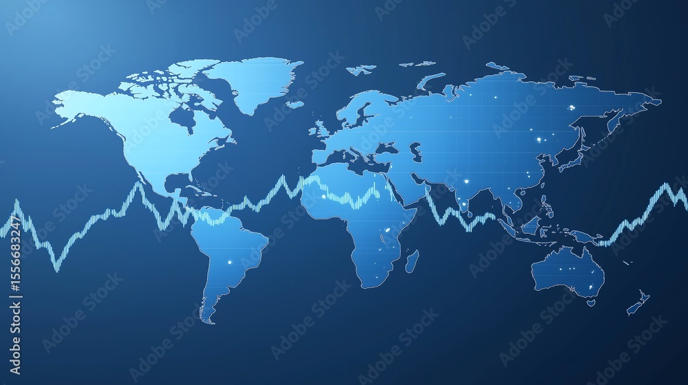Poster financial chart with moving up graph and world map on blue background