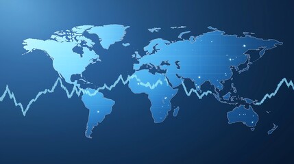 Obraz premium Financial chart with moving up graph and world map on blue background