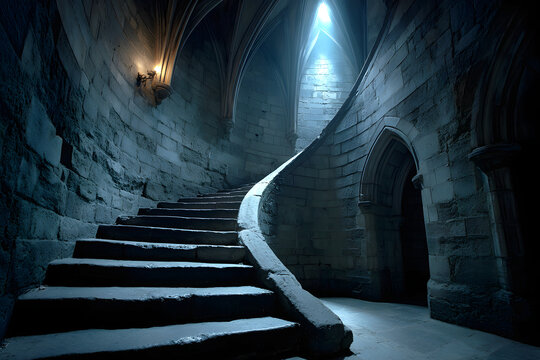 Spiral Stone Staircase in Gothic Castle Tower