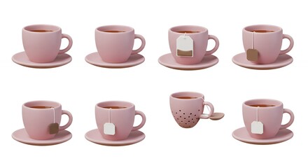 Obraz premium Pink teacup and saucer set tea bag preparation images