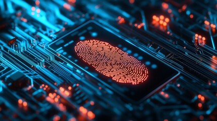 Fingerprint Scanning on Circuit Board, Cyber Security Technology Concept Background