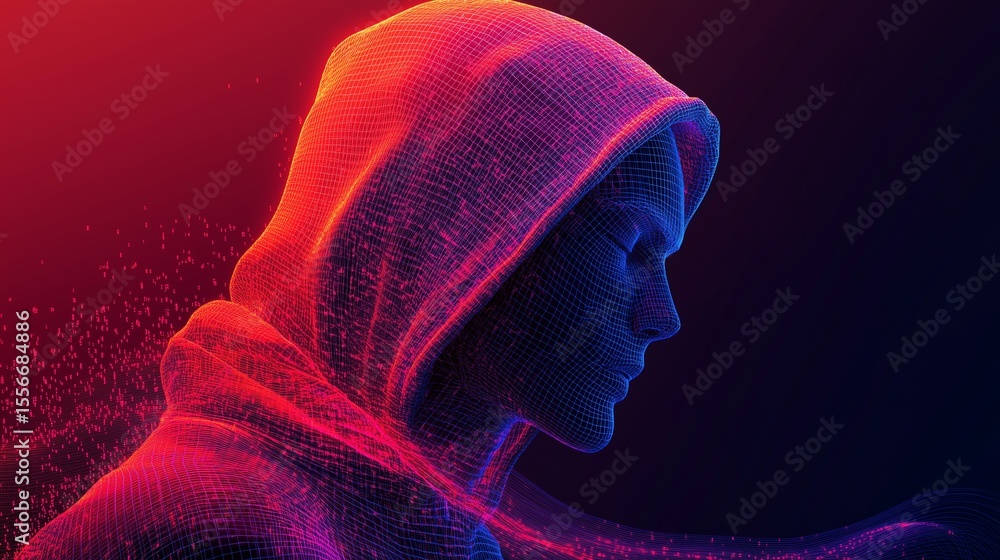 Poster abstract digital hacker: cyber security concept with hidden face and polygonal wireframe illustratio