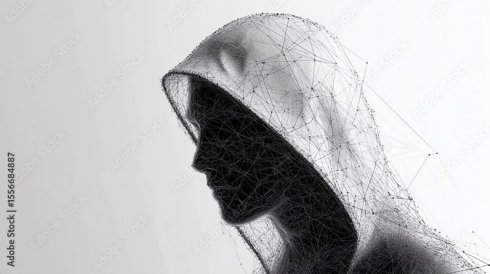 Poster abstract digital hacker: cyber security concept with hidden face and polygonal wireframe illustratio