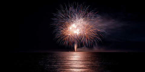 A dazzling fireworks display explodes across the night sky in a brilliant burst of color and light. This vibrant image captures the magical essence of celebration, with radiant sparks
