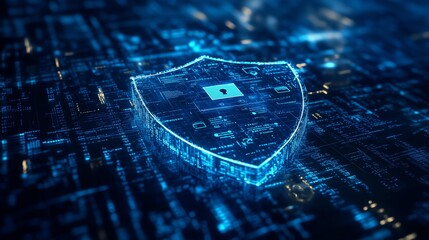 Cybersecurity data protection concept with icons and polygons inside a shield on a dark blue binary code background