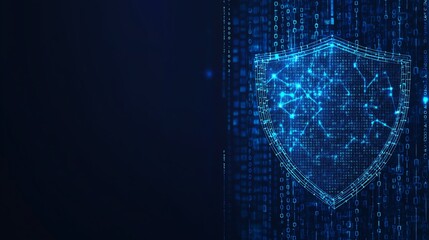 Cybersecurity data protection concept with icons and polygons inside a shield on a dark blue binary code background