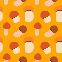 Mushrooms seamless pattern. Autumn isolated mushrooms on yellow background. Square repeat pattern flat design for fall season.