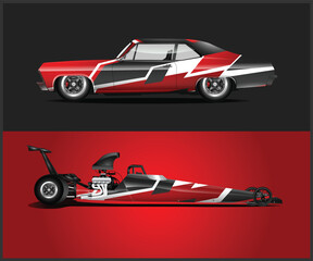 Two stylized race cars one classic and one dragster with red black and white designs