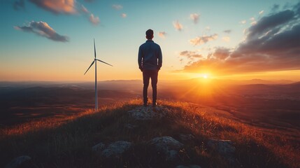 Obraz premium Engineer on Windmill at Sunset - Clean Energy Professional Enjoying Scenic View with Copy Space for Text