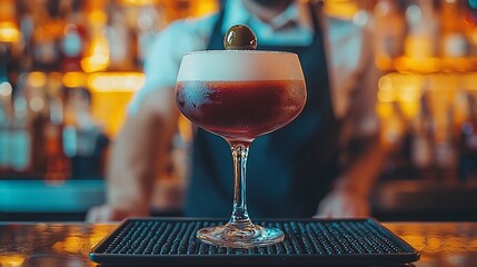 Dark cocktail with olive garnish