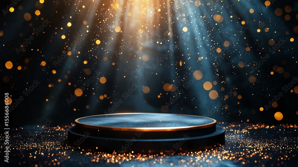 Poster elegant dark background featuring an empty blue podium illuminated by golden beam light effects, wit